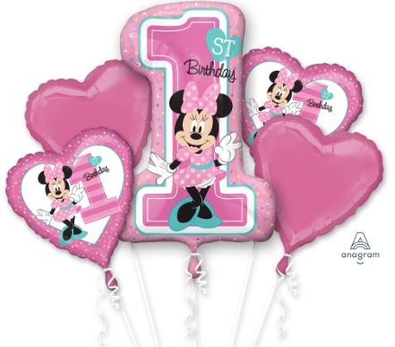 1st Birthday Party Foil balloon bouquet (Disney Minnie)